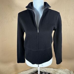 Façonnable Black Full-Zip Cotton Knit Sweater Jacket | Tonal Logo | Silver Hardw